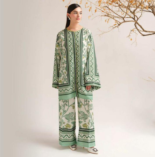 Elegant Green Floral Printed Co-ord Set – Loose Fit Top & Wide Leg Pants