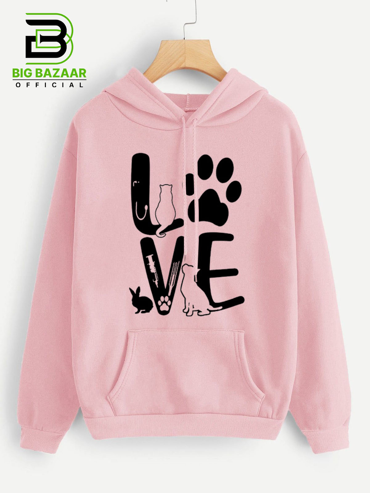 Pink Kangroo Printed  Hoodie For Girls & Womens