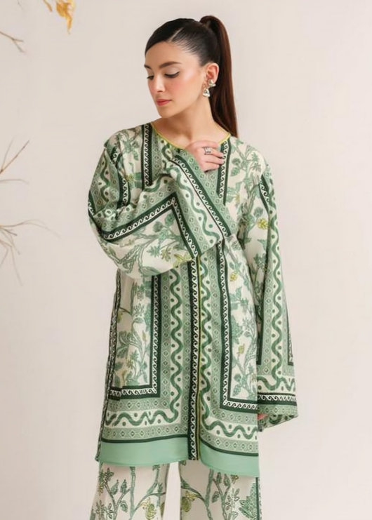 Elegant Green Floral Printed Co-ord Set – Loose Fit Top & Wide Leg Pants