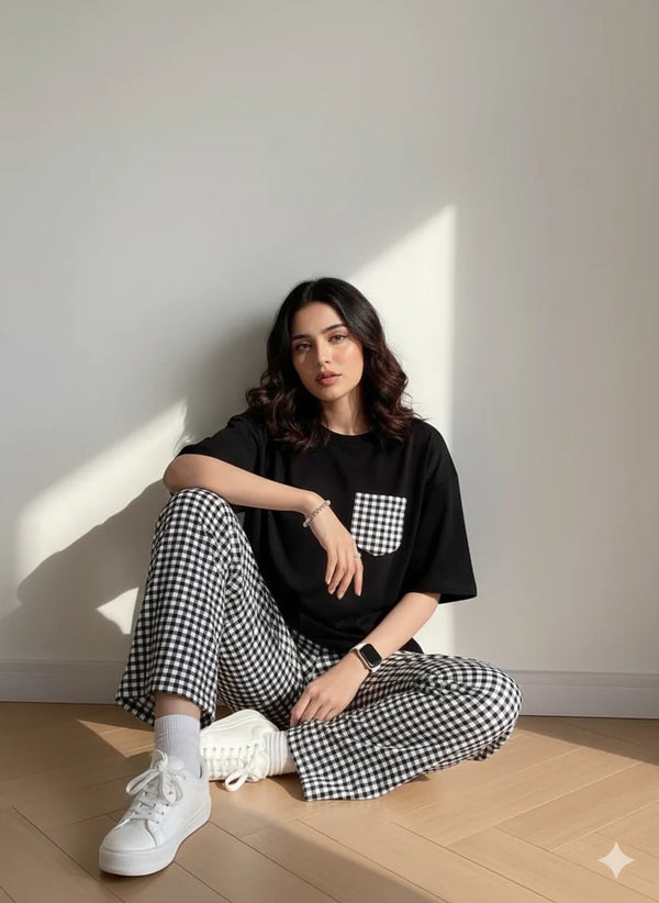 Black Checked Pocket Pj Set