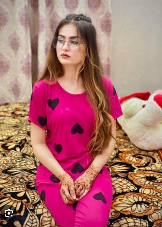 Hot Pink Heart Printed – Stylish Nightwear / Loungewear