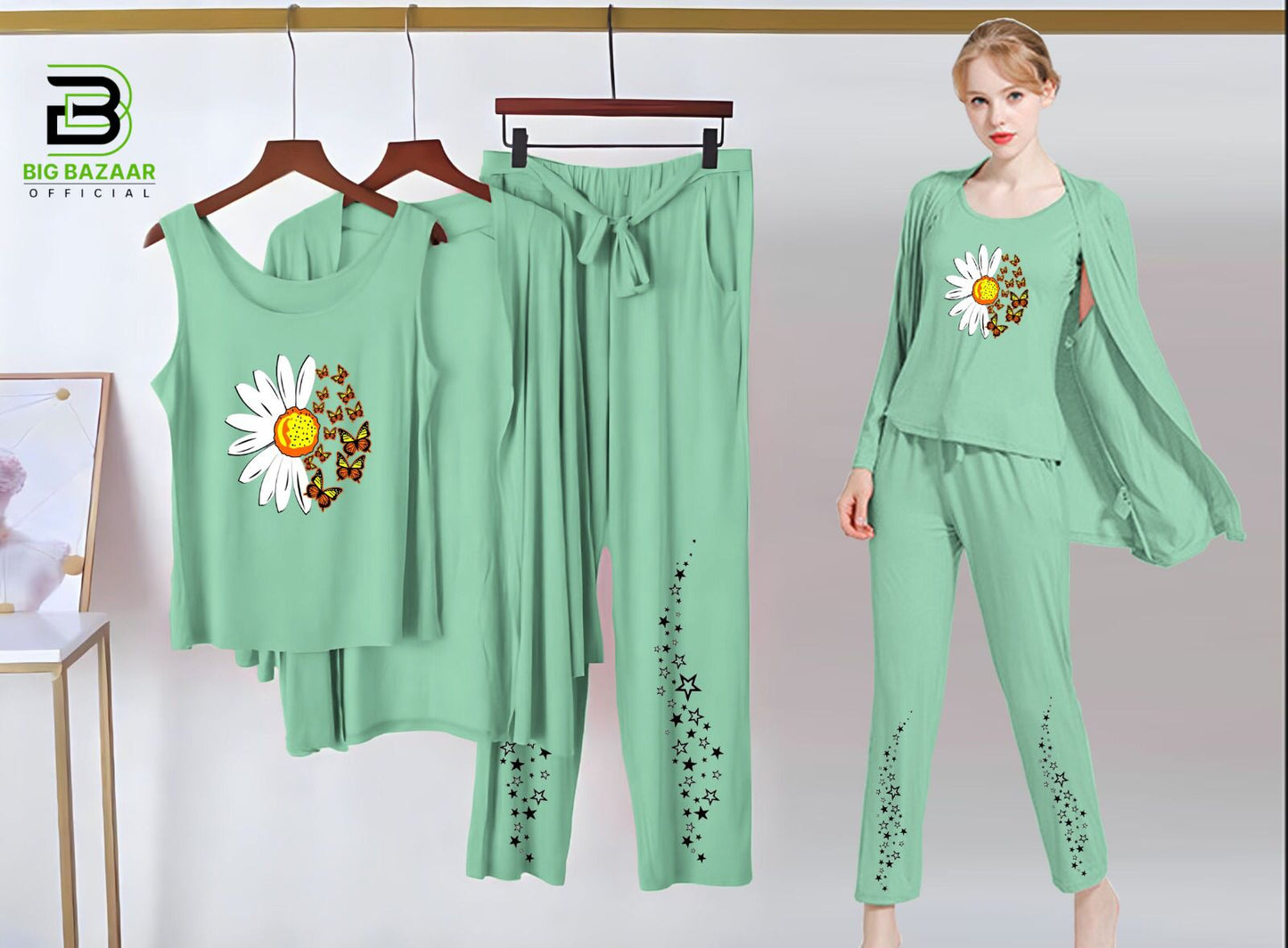 Printed 3 Piece Nightwear | 3 Pcs Sleepwear Night Suit (Sea Green Color)