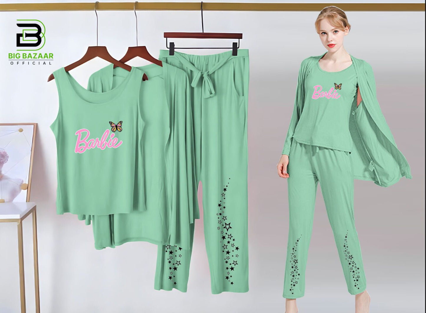 Printed 3 Piece Nightwear | 3 Pcs Sleepwear Night Suit (Sea Green Color)