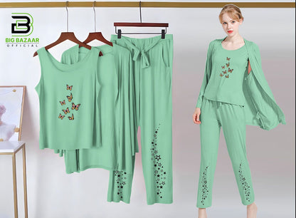 Printed 3 Piece Nightwear | 3 Pcs Sleepwear Night Suit (Sea Green Color)