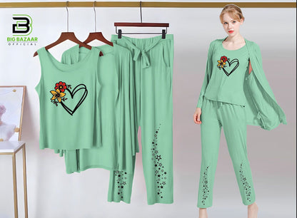 Printed 3 Piece Nightwear | 3 Pcs Sleepwear Night Suit (Sea Green Color)