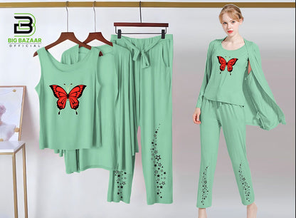 Printed 3 Piece Nightwear | 3 Pcs Sleepwear Night Suit (Sea Green Color)