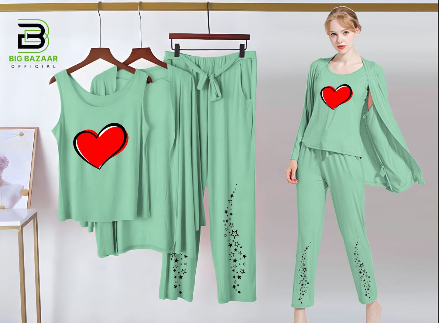 Printed 3 Piece Nightwear | 3 Pcs Sleepwear Night Suit (Sea Green Color)