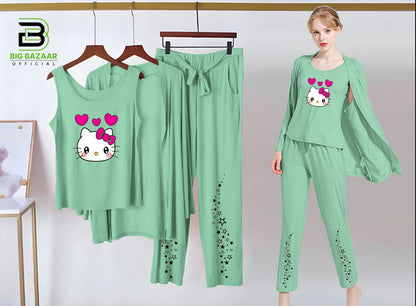 Printed 3 Piece Nightwear | 3 Pcs Sleepwear Night Suit (Sea Green Color)