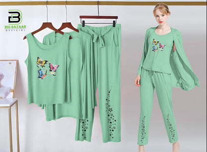 Printed 3 Piece Nightwear | 3 Pcs Sleepwear Night Suit (Sea Green Color)