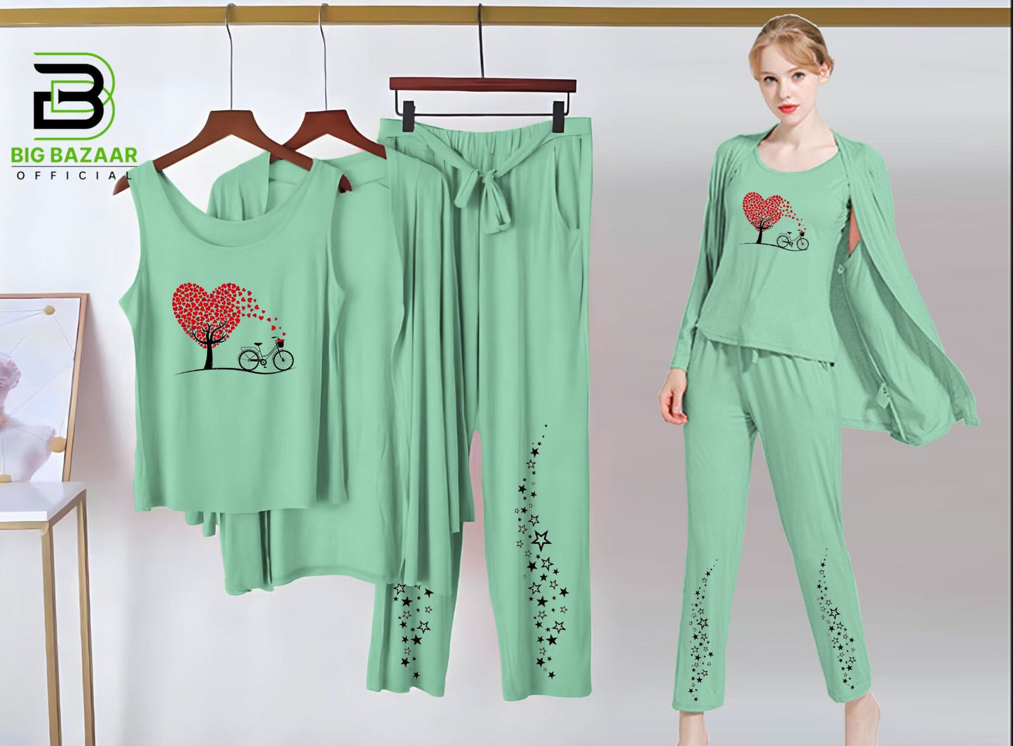 Printed 3 Piece Nightwear | 3 Pcs Sleepwear Night Suit (Sea Green Color)