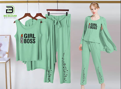 Printed 3 Piece Nightwear | 3 Pcs Sleepwear Night Suit (Sea Green Color)