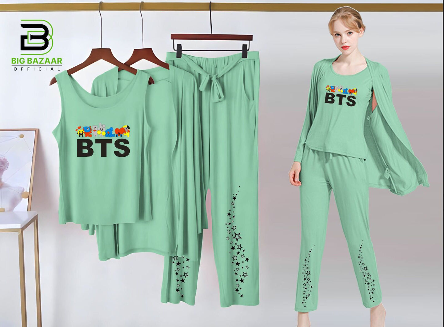 Printed 3 Piece Nightwear | 3 Pcs Sleepwear Night Suit (Sea Green Color)