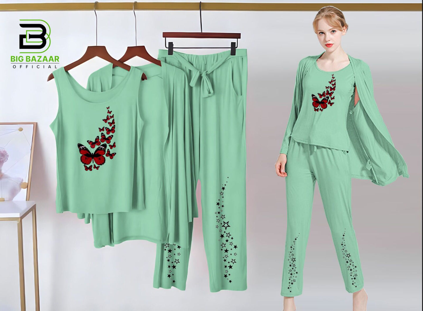 Printed 3 Piece Nightwear | 3 Pcs Sleepwear Night Suit (Sea Green Color)