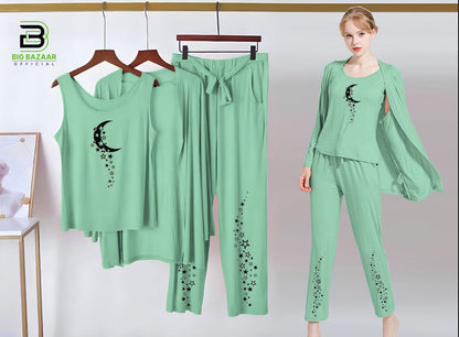 Printed 3 Piece Nightwear | 3 Pcs Sleepwear Night Suit (Sea Green Color)