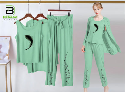 Printed 3 Piece Nightwear | 3 Pcs Sleepwear Night Suit (Sea Green Color)