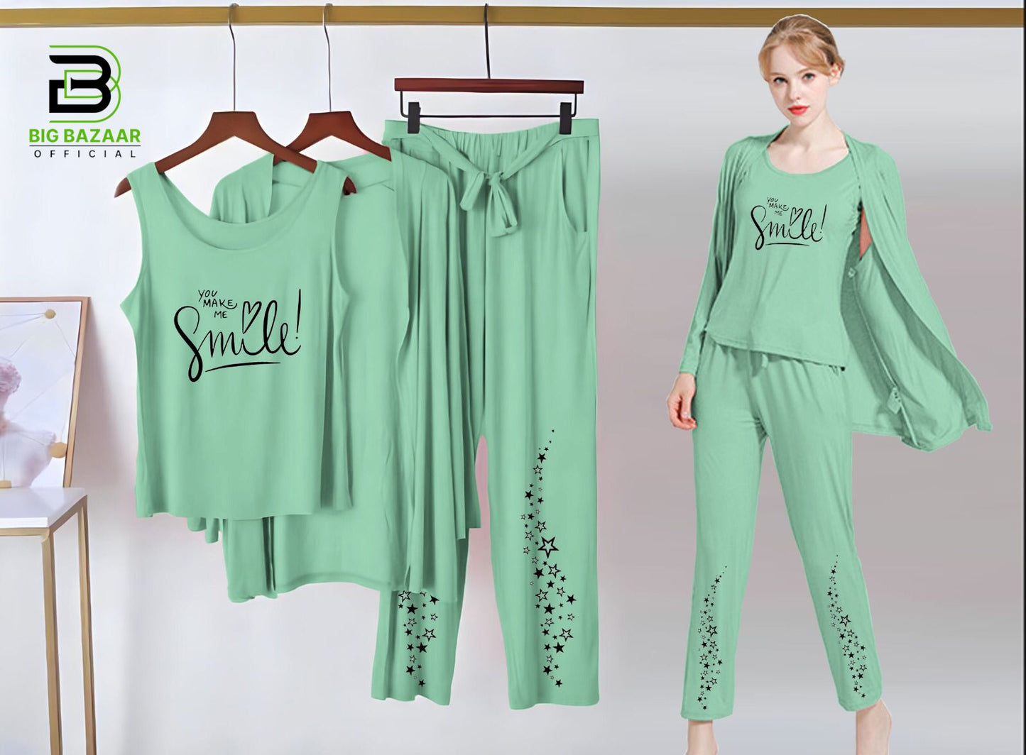 Printed 3 Piece Nightwear | 3 Pcs Sleepwear Night Suit (Sea Green Color)