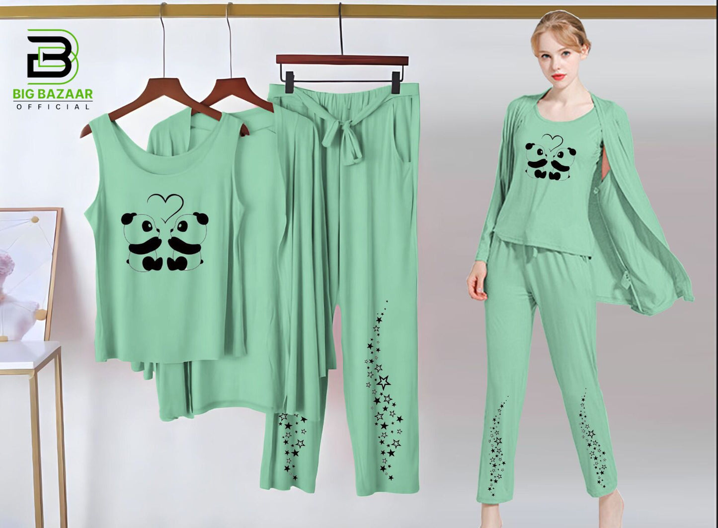 Printed 3 Piece Nightwear | 3 Pcs Sleepwear Night Suit (Sea Green Color)