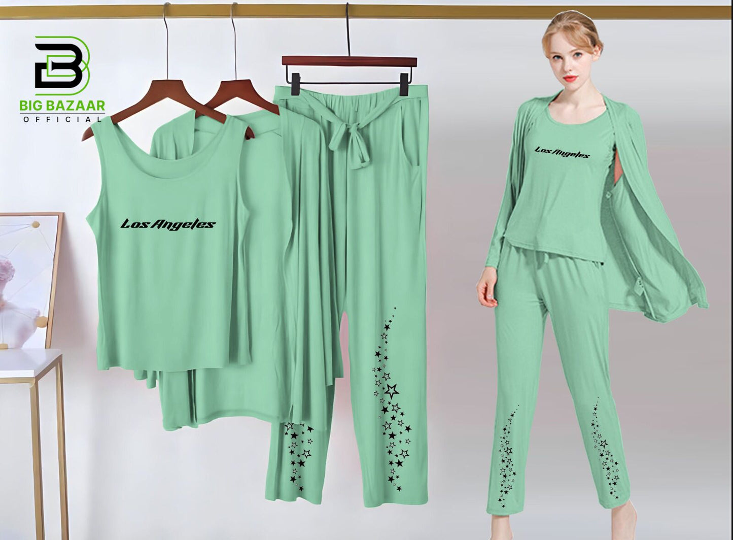 Printed 3 Piece Nightwear | 3 Pcs Sleepwear Night Suit (Sea Green Color)