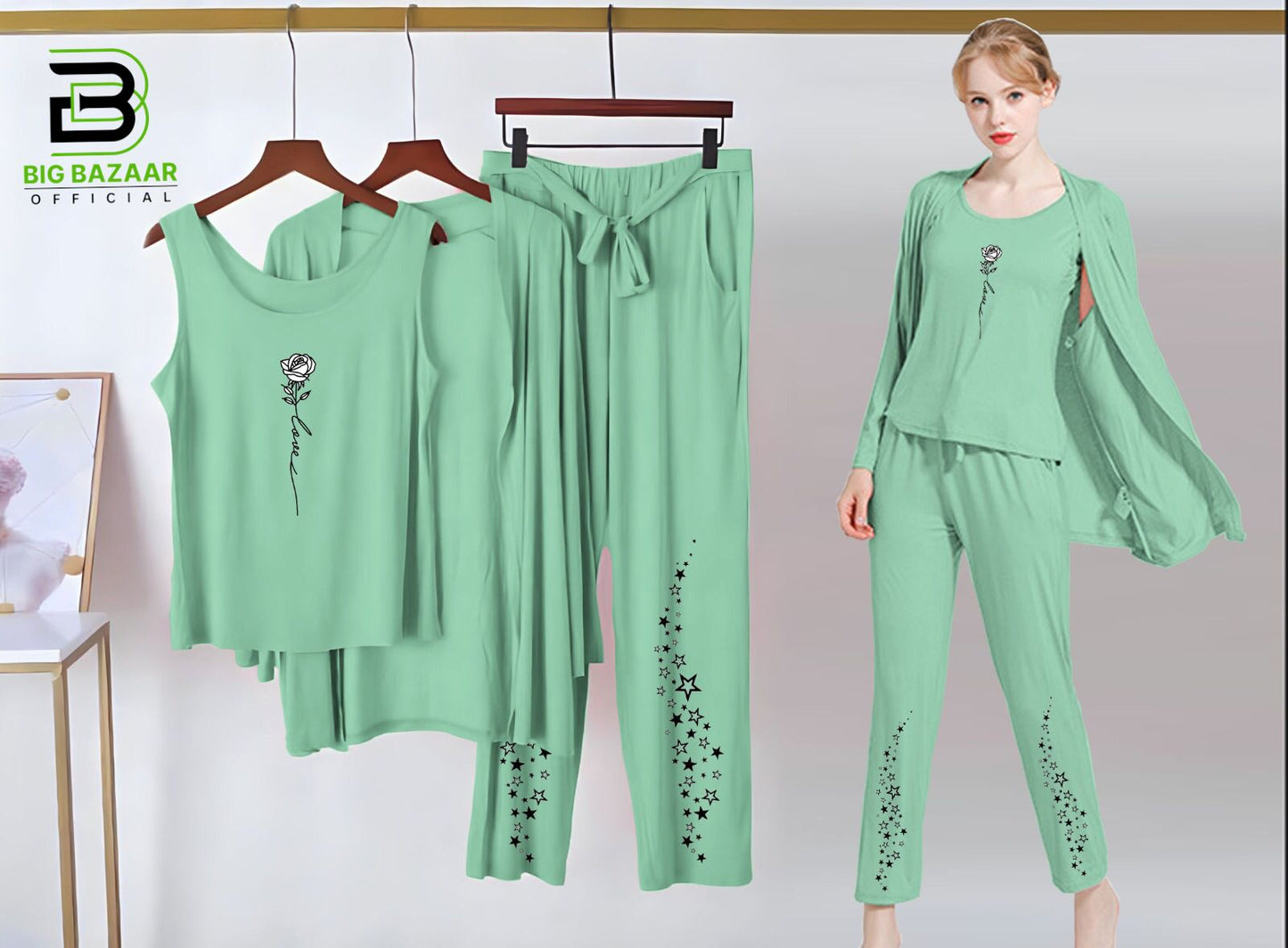 Printed 3 Piece Nightwear | 3 Pcs Sleepwear Night Suit (Sea Green Color)