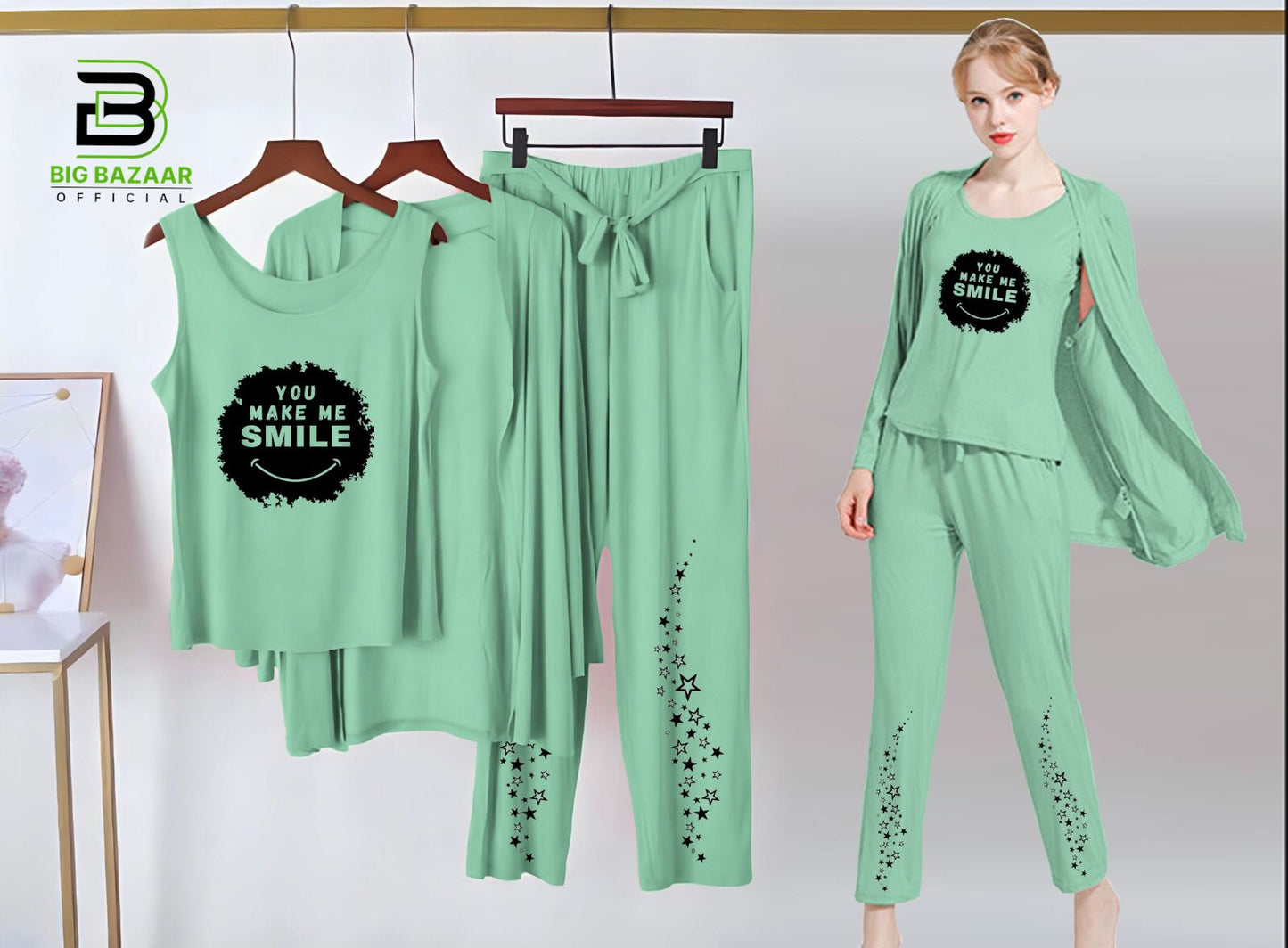 Printed 3 Piece Nightwear | 3 Pcs Sleepwear Night Suit (Sea Green Color)