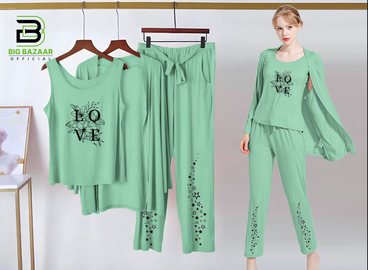 Printed 3 Piece Nightwear | 3 Pcs Sleepwear Night Suit (Sea Green Color)