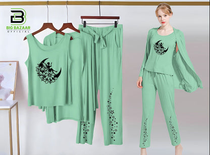 Printed 3 Piece Nightwear | 3 Pcs Sleepwear Night Suit (Sea Green Color)