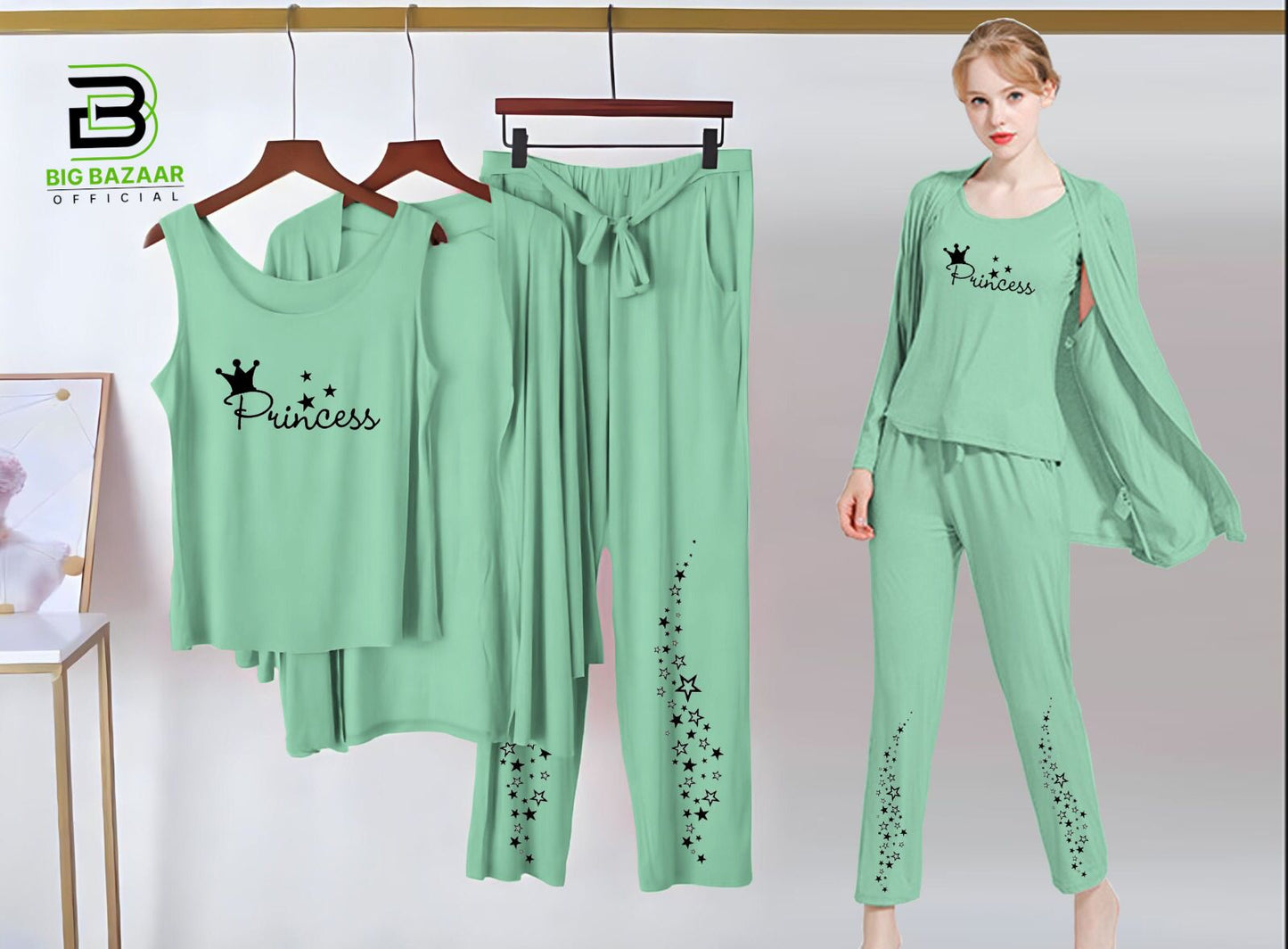 Printed 3 Piece Nightwear | 3 Pcs Sleepwear Night Suit (Sea Green Color)