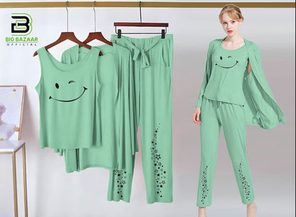 Printed 3 Piece Nightwear | 3 Pcs Sleepwear Night Suit (Sea Green Color)