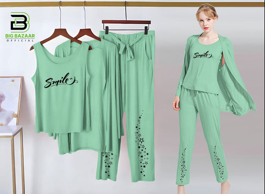 Printed 3 Piece Nightwear | 3 Pcs Sleepwear Night Suit (Sea Green Color)