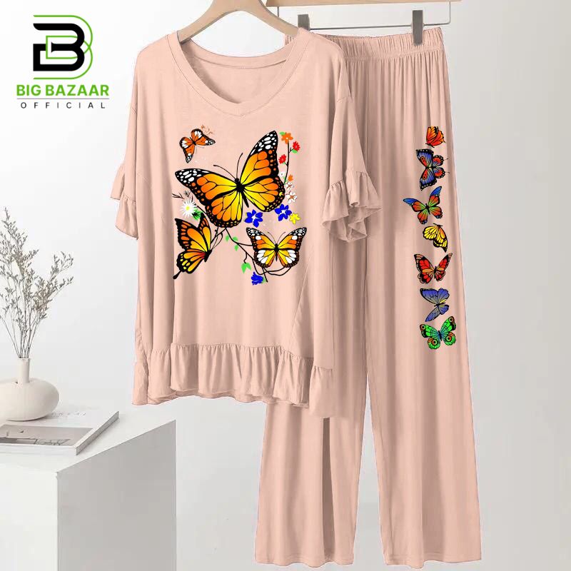 Frill Style Full Sleeves Lounge Wear For Girls & Women (Butterfly Print)