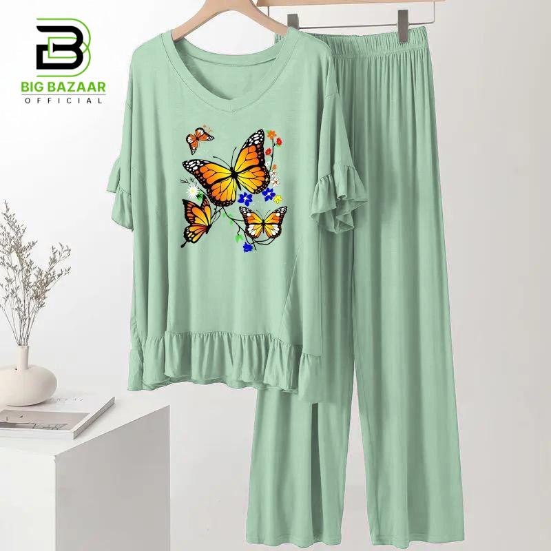 Frill Style Full Sleeves Lounge Wear For Girls & Women (2 Butterfly Light Green)