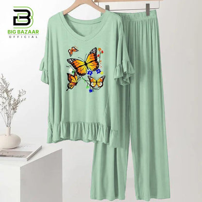 Frill Style Full Sleeves Lounge Wear For Girls & Women (2 Butterfly Light Green)