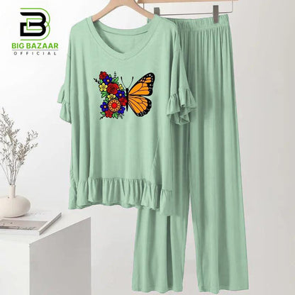 Frill Style Full Sleeves Lounge Wear For Girls & Women (1 Butterfly Light Green)