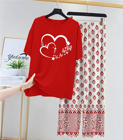 Red Colour Casual Printed Tshirt & Printed Trouser