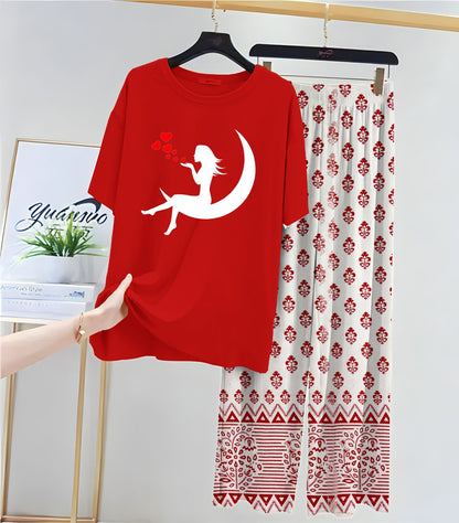 Red Colour Casual Printed Tshirt & Printed Trouser