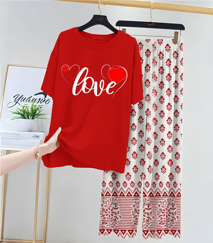 Red Colour Casual Printed Tshirt & Printed Trouser