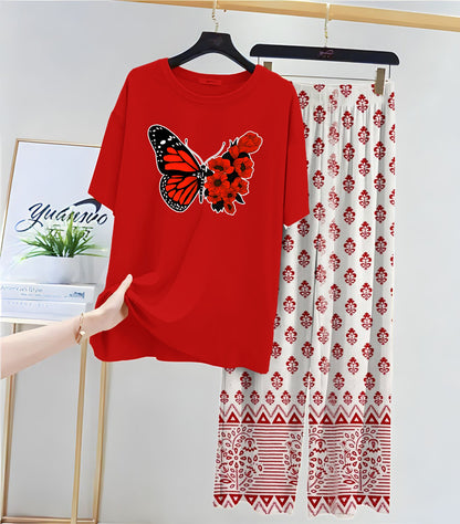 Red Colour Casual Printed Tshirt & Printed Trouser