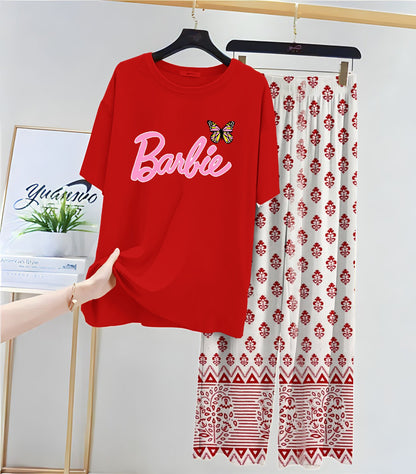 Red Colour Casual Printed Tshirt & Printed Trouser