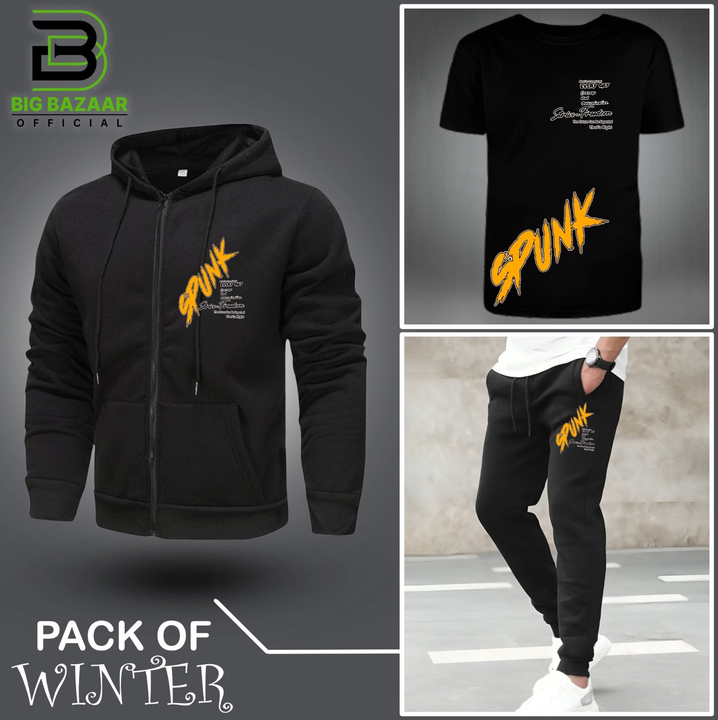 Pack Of Three Spunk Printed Zipper + Tshirt + Trouser For Mens