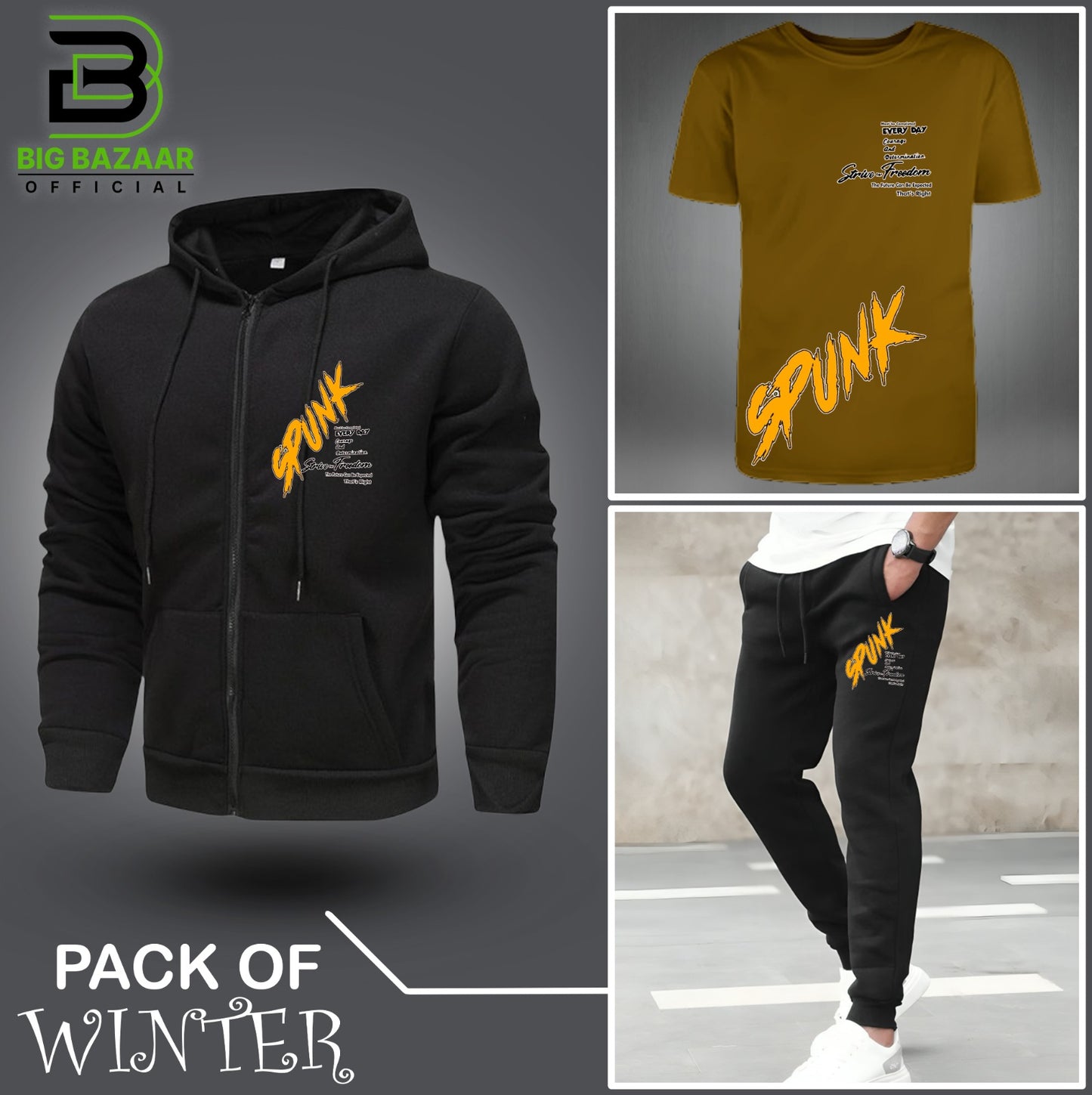 Pack Of Three Spunk Printed Zipper + Tshirt + Trouser For Mens