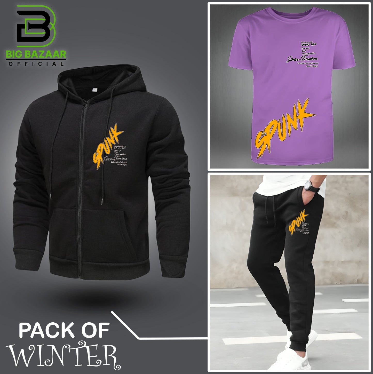 Pack Of Three Spunk Printed Zipper + Tshirt + Trouser For Mens