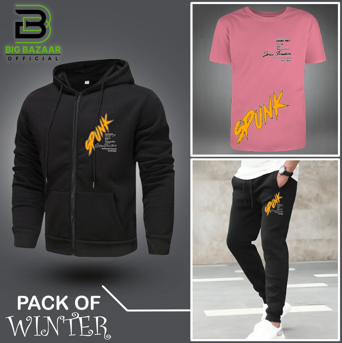 Pack Of Three Spunk Printed Zipper + Tshirt + Trouser For Mens