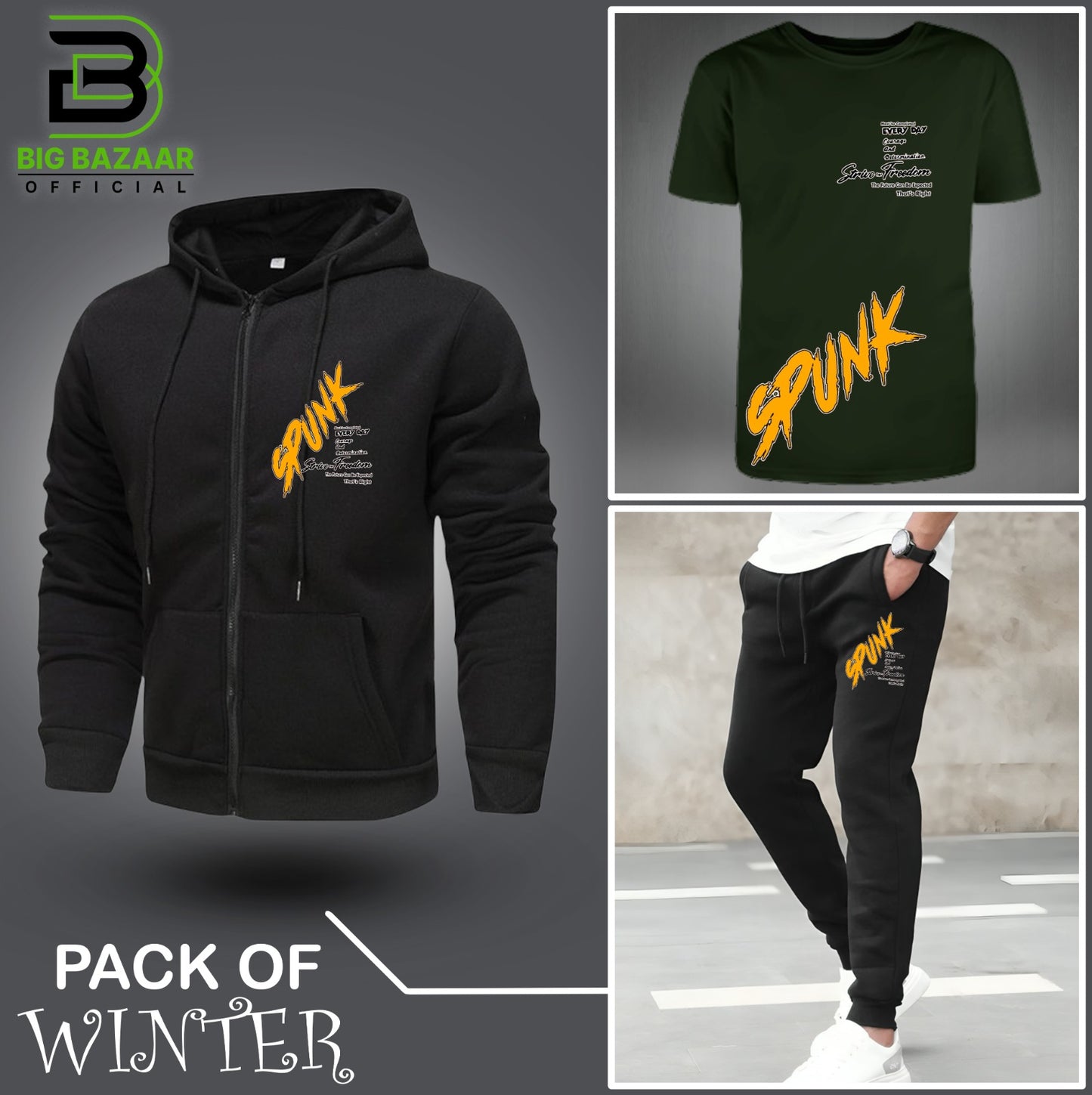 Pack Of Three Spunk Printed Zipper + Tshirt + Trouser For Mens