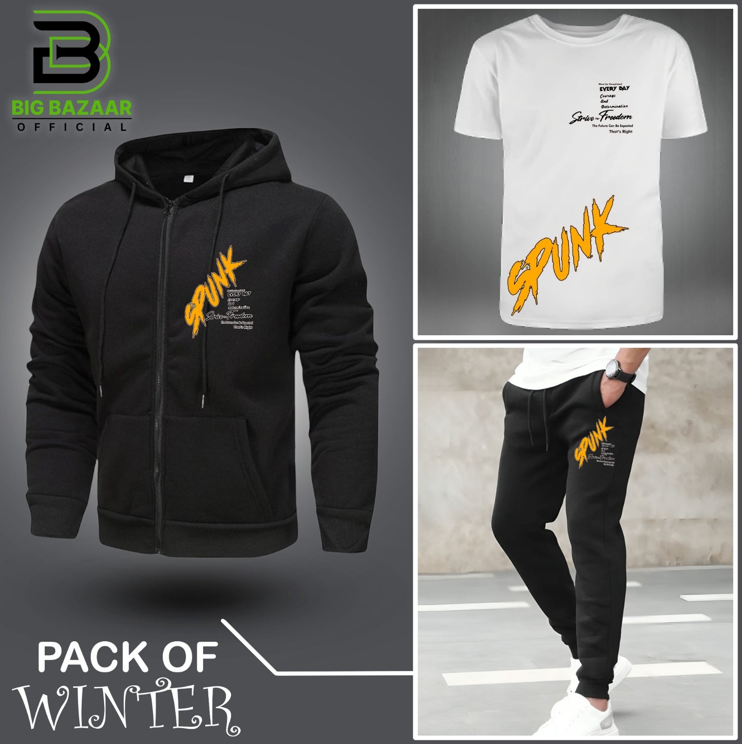 Pack Of Three Spunk Printed Zipper + Tshirt + Trouser For Mens