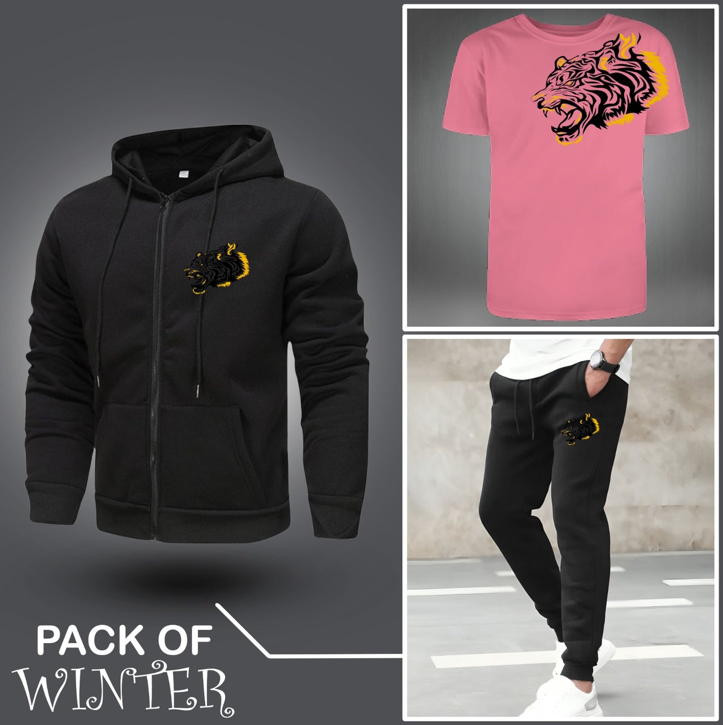 Pack Of Three Tiger Printed Zipper + Tshirt + Trouser For Mens