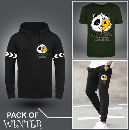 Pack Of Three Keep Smiling Printed Hoodie + Tshirt + Trouser For Mens