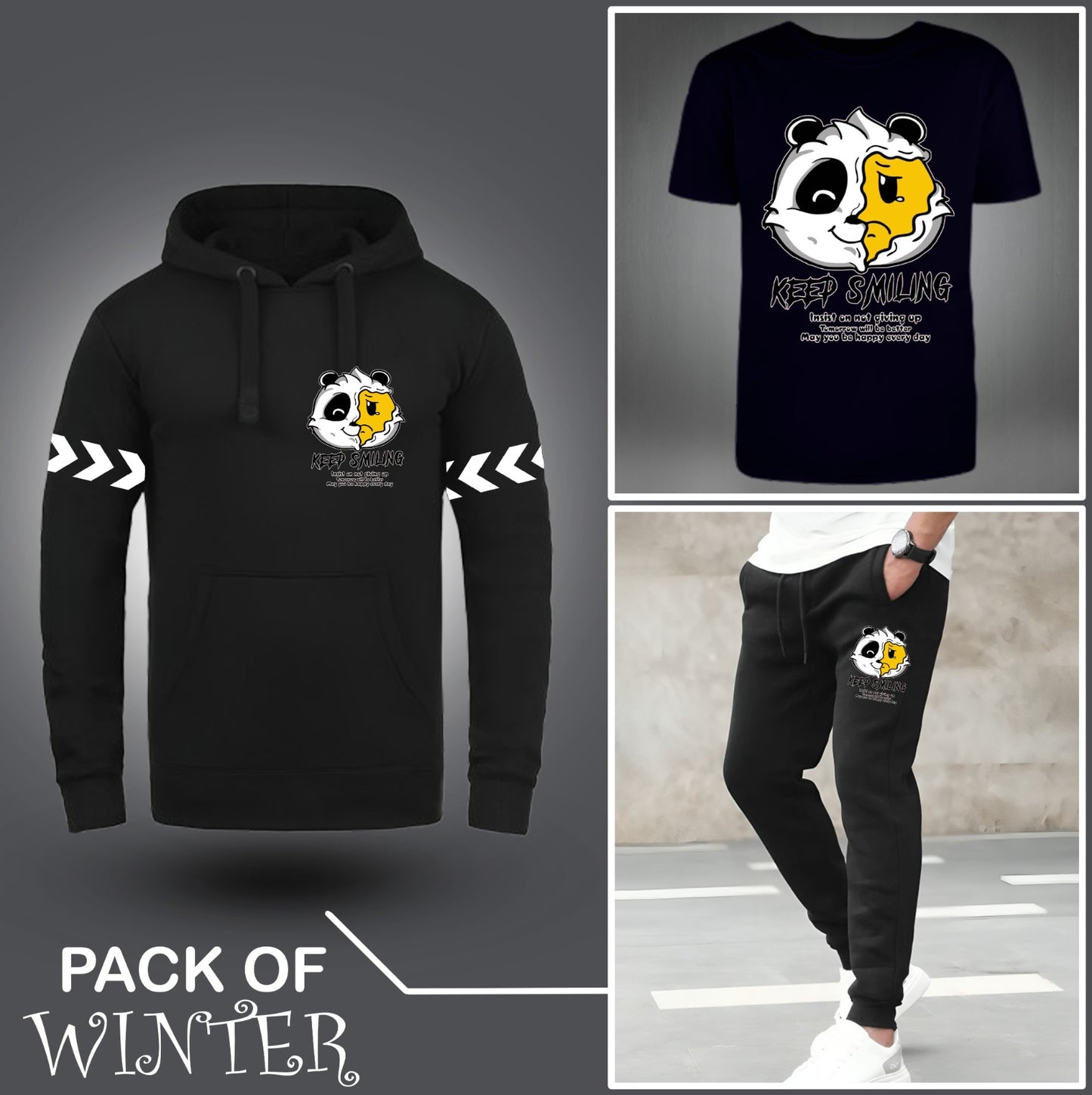 Pack Of Three Keep Smiling Printed Hoodie + Tshirt + Trouser For Mens