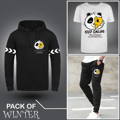 Pack Of Three Keep Smiling Printed Hoodie + Tshirt + Trouser For Mens