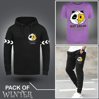 Pack Of Three Keep Smiling Printed Hoodie + Tshirt + Trouser For Mens