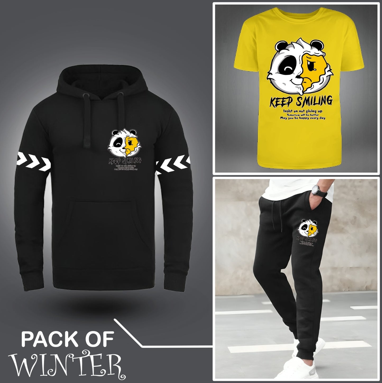 Pack Of Three Keep Smiling Printed Hoodie + Tshirt + Trouser For Mens